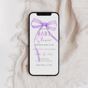 Purple Bow Baby Shower Evite, Ribbon Bow Shower Digital Invite, Purple Coquette Baby Shower Electronic Invitation, Instant Download, B-760