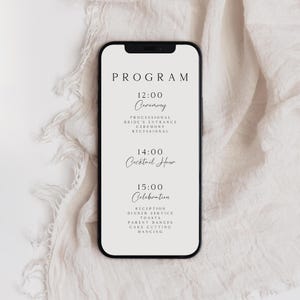 May include: A white wedding program with black text. The program lists the wedding ceremony, cocktail hour, and reception events with their corresponding times.
