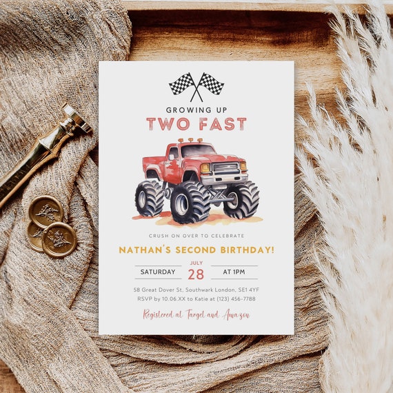 Monster Truck Birthday Invite Template, Growing Up Two Fast Invitation, Red Monster Truck B'day Invite, Editable E-vite, B-476