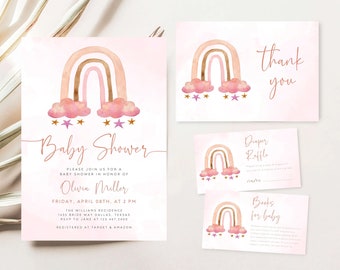 Pink Rainbow Baby Shower Invitation Set (Editable Digital Download)