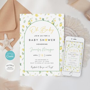 Lemon Baby Shower Invitation Template, Lemonade Baby Shower Invite, Editable Citrus Baby Shower Invitation, Instant Download, Evite, B-520