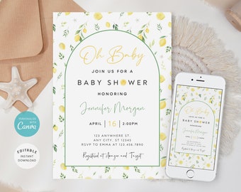 May include: A lemon-themed baby shower invitation with a white background and yellow lemons, green leaves, and white flowers. The text reads "Oh Baby Join us for a Baby Shower Honoring Jennifer Morgan April 16 2:00PM 123 Anywhere St. Any City, ST 12345 RSVP to Emma at 123.456.7890 Registered at Amazon and Target".