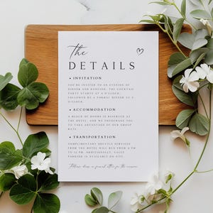 Plantilla de tarjeta de detalles editable, inserto minimalista para boda, tarjeta de detalles sencilla, tarjeta de alojamiento, tarjeta de anexo para boda, DT-14