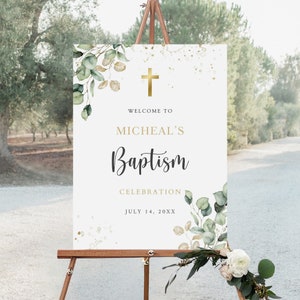 Baptism Welcome Sign Template, Christening Welcome Poster, Greenery Baptism Welcome Sign, Editable Baptism Poster, Instant Download, BS-82