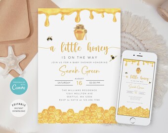 Bee Baby Shower Invitation, Honeycomb Theme (Editable Template)
