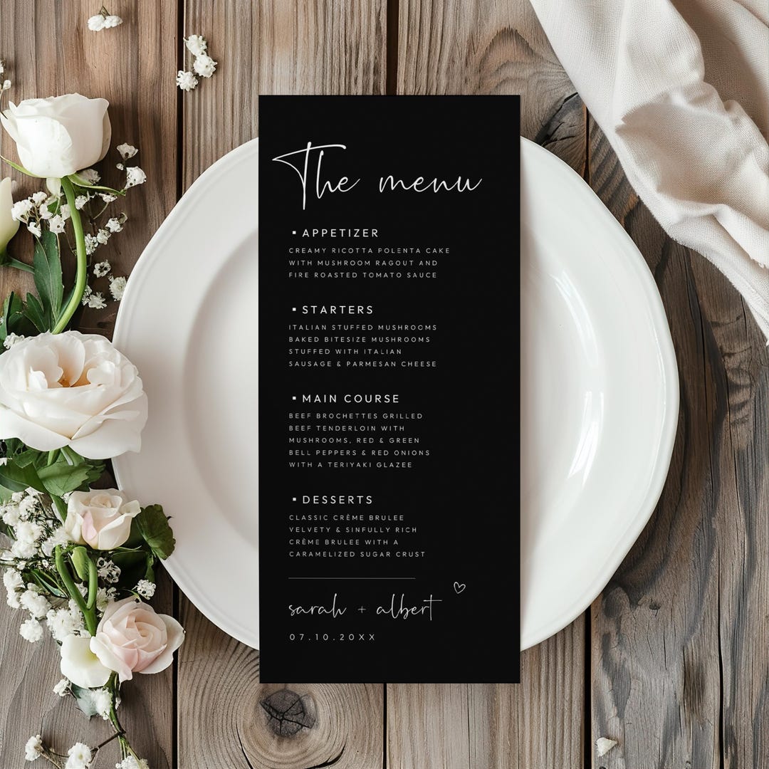 Black Wedding Menu Card Template, Modern Wedding Dinner Menu, Modern ...