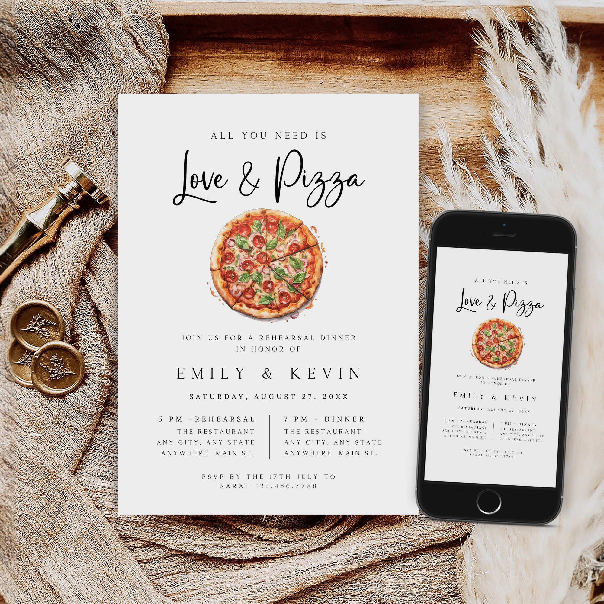 Love and Pizza Rehearsal Dinner Invitation Template (digital