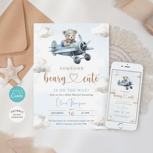 Airplane Bear Baby Shower Invitation Template, Someone Beary Cute Baby Shower Invite, Blue Airplane Baby Shower E-vite, B-502