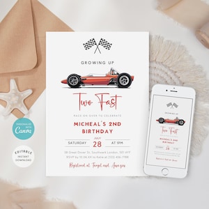 Editable Race Car Birthday Invite, Two Fast Birthday Invitation, Racing Car Birthday Invite, 2nd Birthday Evite, Instant Download, B-442