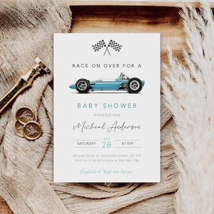 Rennwagen-Babyparty-Einladungsvorlage, Blaue Rennwagen-Einladung, Rennwagen-Babyparty-Einladung, Vintage-Rennwagen, Sofortiger Download, B-428