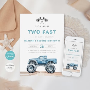 Faire-part d'anniversaire rapide Monster Truck, invitation anniversaire bleu Monster Truck, faire grandir deux rapides, modèle modifiable, B-466