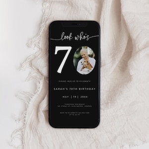 Look who’s 70 Electronic Invitation, Photo 70th Birthday Invite, Seventy Birthday Evite, Adult Birthday Text Message, 40th, 50th, AI-84