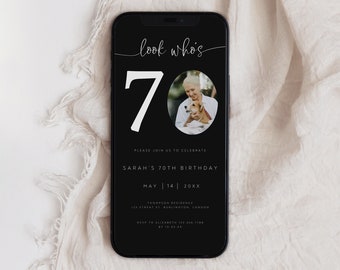 Photo 70th Birthday Evite, Elegant Text Invitation (Digital)