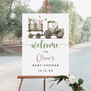 Placa de boas-vindas para chá de bebê na fazenda, Placa de chá de bebê de trator verde, Cartaz de chá de bebê de animais de fazenda editável, Download instantâneo, BS-105