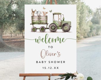 Welkomstbord babyshower boerderijdieren, groene tractor (directe download)