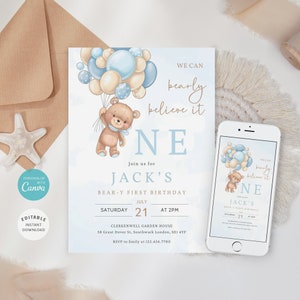 Invito modificabile per il primo compleanno dell'orso, invito per il primo compleanno dell'orso, invito per orsacchiotto, invito stampabile per il compleanno di un bambino, download immediato, B-150