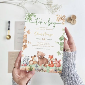 Editable Woodland Baby Shower Invitation, Forest Animals Invite, Boy Baby Shower Invitation Template, Woodland animals, It&#39;s a Boy, B-271