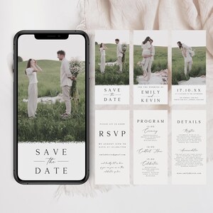 May include: A save the date announcement for a wedding with a rustic theme. The announcement features a couple in a field with greenery and a text overlay that says "Save the Date" with the date "17.10.XX". The announcement also includes the names "Emily and Kevin".