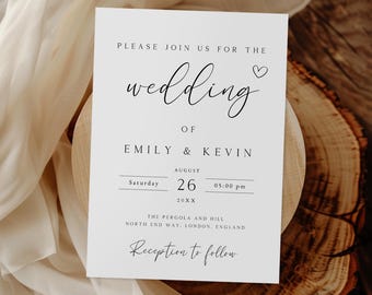 May include: A white wedding invitation with black text. The invitation reads "Please join us for the wedding of Emily & Kevin, Saturday, August 26, 20XX, 05:00 pm, The Pergola and Hill, North End Way, London, England, Reception to follow."