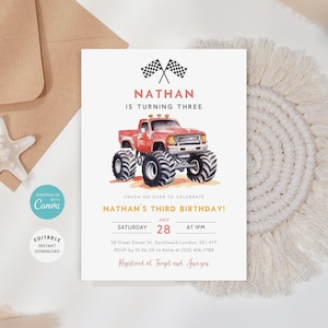 Monster Truck Birthday Invitation Template, Red Monster Truck Invite, Racing Truck Birthday Invitation, Monster Truck Party, E-vite, B-464