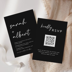 Hochzeitseinladung mit QR-Code, schwarze Hochzeitseinladungsvorlage, Laden Sie Ihren QR-Code hoch, einfache bearbeitbare Einladung, WI-41