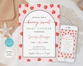 Invitación para baby shower con temática de fresas, invitación dulce con bayas, plantilla editable (5x7, móvil)