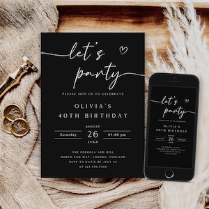 Editable Adult Birthday Party Invitation, Adult Birthday Black Invite, Electronic Phone Text Message Evite, Anniversary Invitation, AI-10