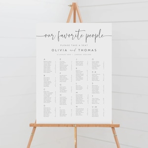 May include: A white seating chart with black text for a wedding reception. The chart is titled "Our Favourite People" and lists the names of guests alphabetically by last name. The wedding is for Olivia and Thomas on 27th August in London, England.