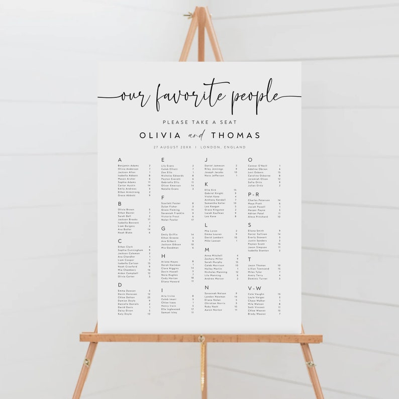 May include: A white seating chart with black text for a wedding reception. The chart is titled "Our Favourite People" and lists the names of guests alphabetically by last name. The wedding is for Olivia and Thomas on 27th August in London, England.