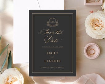 Printed Minimalist Save the Date Cards, Black Wedding Announcement, Personalized Card