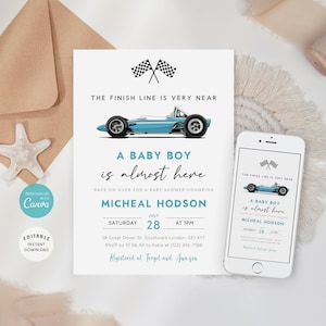 Bearbeitbare Rennwagen-Babypartyeinladung, blaues Rennauto einladen, Renn-Babypartyeinladung, Vintage Rennauto, Jungen-Babyparty Evite B-433