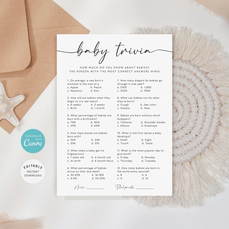 Baby Shower Trivia Game, Baby Shower Trivia Template, Minimalist Baby ...