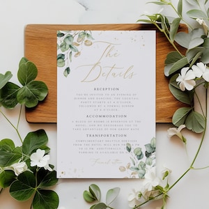 Greenery Details Kartenvorlage, Eukalyptus Hochzeitsbeilage, bearbeitbare Detailkarte, minimalistische Einladung Beilage, Hochzeitseinfassung Karte DT-17