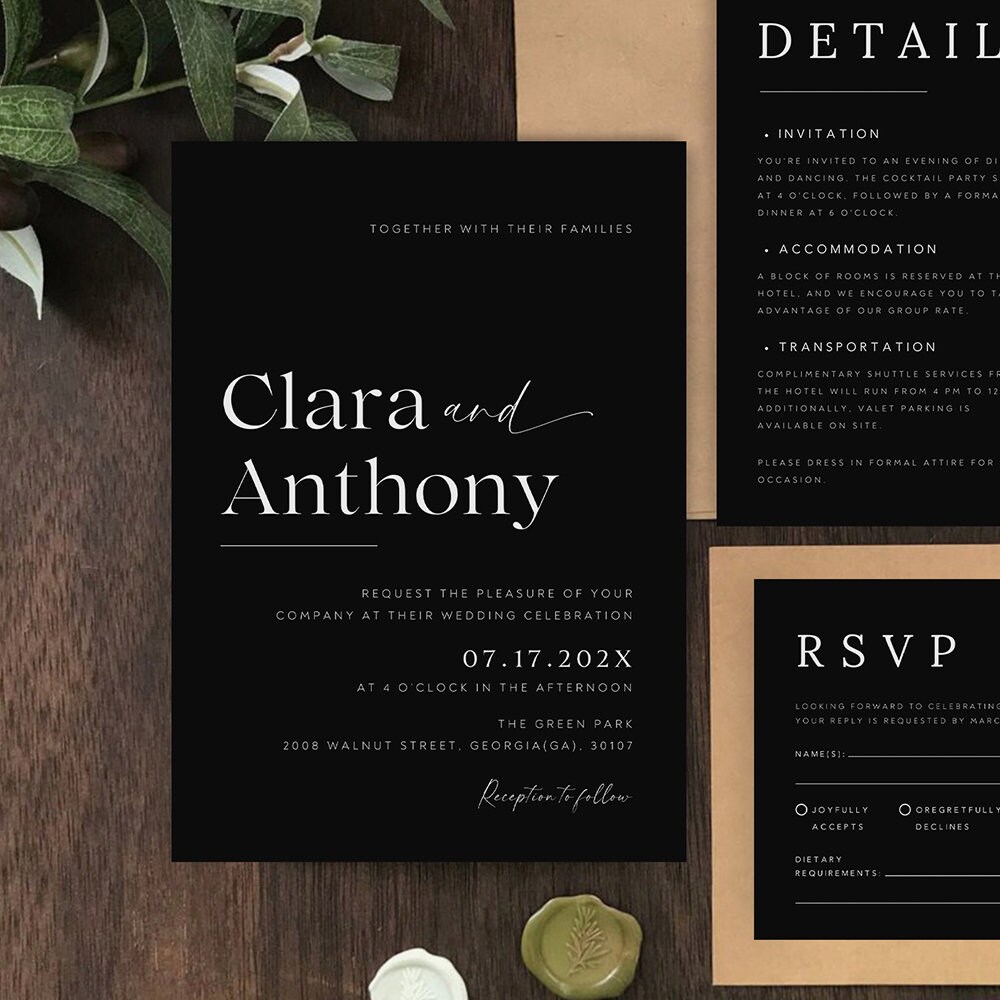 Black Wedding Invitation Set, Modern Wedding Invitation With QR Code ...