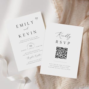 May include: Two white wedding invitation cards with black text. One card reads "Emily and Kevin" with event details. The other card says "Kindly RSVP" with a QR code and instructions to scan for details.