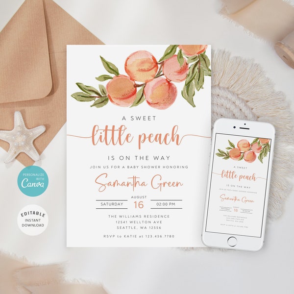 Editable Peach Baby Shower Invitation, Girl Baby Shower Invite, A Sweet Little Peach Baby Shower Invitation Template, Instant Download B-246
