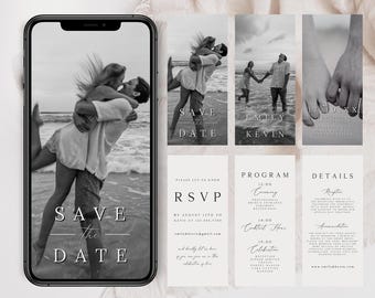 May include: Monochrome wedding stationery set. The image shows a phone screen with a couple on a beach, plus cards with text including "Save the Date", "RSVP", "Program", and "Details". The overall theme is romantic.
