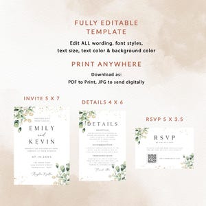May include: A set of three printable wedding invitation templates with a green and gold watercolor design. The invitation includes the text "Emily and Kevin" and the date "07.10.20XX". The details card includes the text "Details" and the RSVP card includes the text "RSVP".