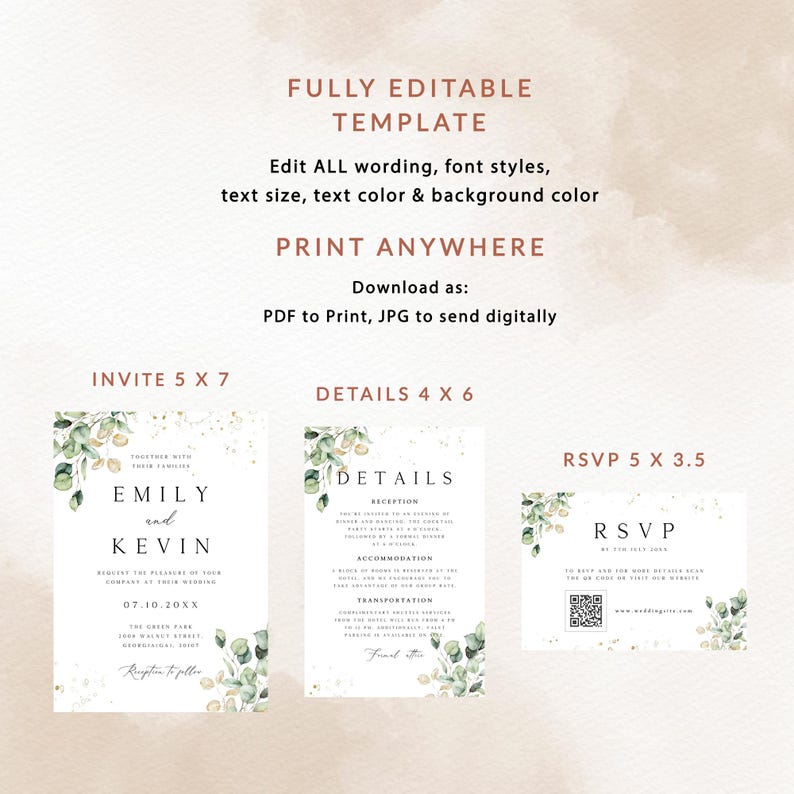 May include: A set of three printable wedding invitation templates with a green and gold watercolor design. The invitation includes the text "Emily and Kevin" and the date "07.10.20XX". The details card includes the text "Details" and the RSVP card includes the text "RSVP".