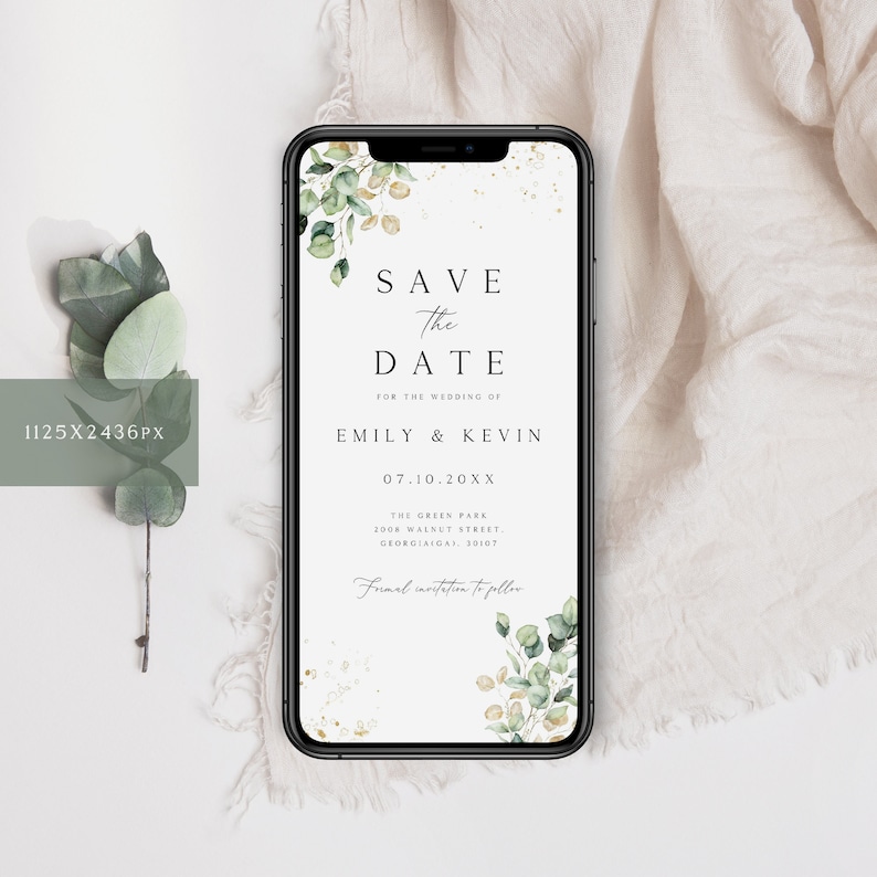 Invito digitale "Save the Date", Invito di matrimonio elettronico, Invito digitale "Save the Date", Verde e oro, Modello digitale "Save the Date", SD-63 immagine 4
