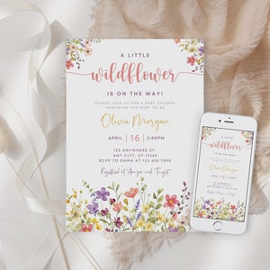 Bewerkbare Wildflower baby shower uitnodiging, Floral baby shower uitnodigen, een kleine Wildflower baby shower, lente bloemen baby shower, B-334