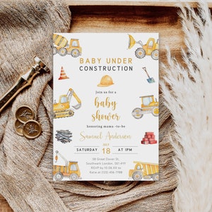 Bewerkbare bouw babyshower uitnodiging, baby in aanbouw uitnodigen, vrachtwagens babyshower uitnodiging, bouwfeest, B-386