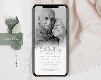 May include: A black and white photograph of a couple on a smartphone screen. The text "Celebrating the life of Hector Connell May 14 20XX" is below the photo. The text "At five o'clock in the afternoon Service to be held at First Calvary Baptist Church 123 Sympathy St. Burlington Followed by a reception at Connell Residence 120 Celebration St. Burlington" is below the date.