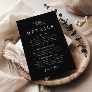 Minimalistische Details Kartenvorlage, Elegante Hochzeitsbeilage, Bearbeitbare Belaubte Detailkarte, Schwarze Einladung Beilage, Beilage Karte, DT-13