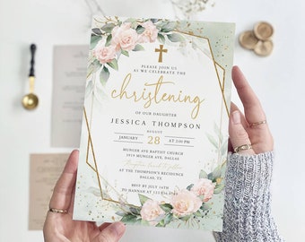 Greenery Pink Flowers Christening Invitation, Editable Template (Digital Download)