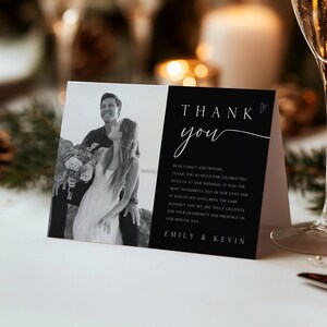 Carte de remerciement de mariage modifiable avec photo, modèle de carte pliée de remerciement noir, carte de remerciement de mariage minimaliste, carte de correspondance, TC-31