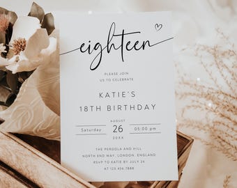 Modèle d'invitation modifiable pour 18e anniversaire, minimaliste Evite (5 x 7)
