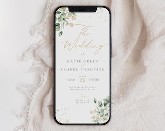 May include: A digital wedding invitation with a green and gold floral design. The text reads "The Wedding of Katie Green and Samuel Thompson, August 26, at 7:00 PM, Ida Claria Restaurant, 3456 Baby Way, Dallas. RSVP to Katie at 123-456-7890."