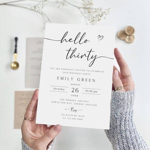 Editable 30th Birthday Invitation, Hello Thirty Invitation Template, Birthday Party Invite, Adult Birthday Invitation, 40th, 50th, AI-26