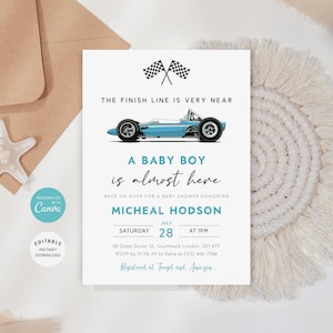 Bewerkbare babyshoweruitnodiging raceauto, blauwe raceauto uitnodigen, race-babyshoweruitnodiging, vintage raceauto, babyshowerkaart jongen, B-434